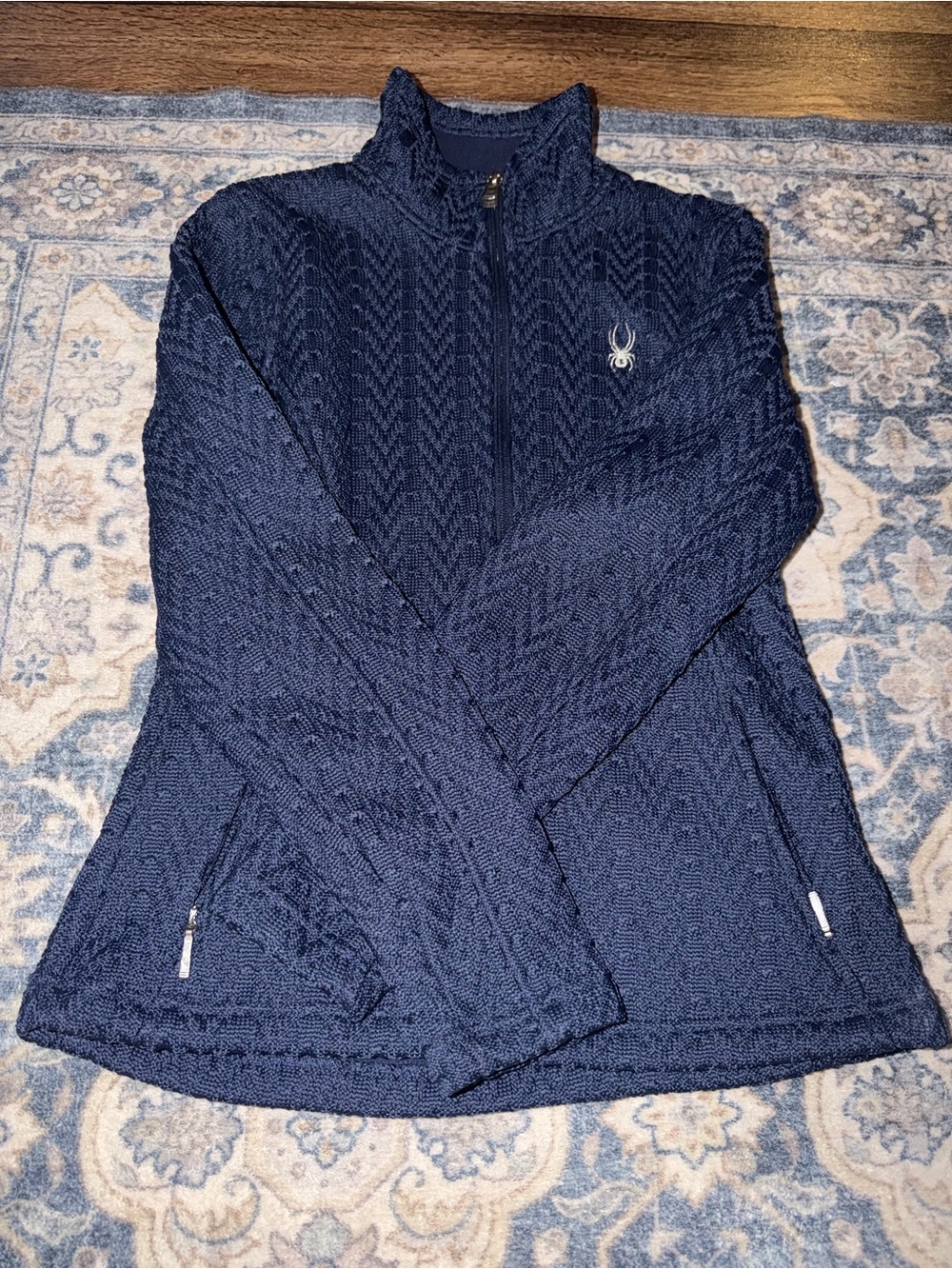 Navy Textured Zip-Front Women’s Sweater